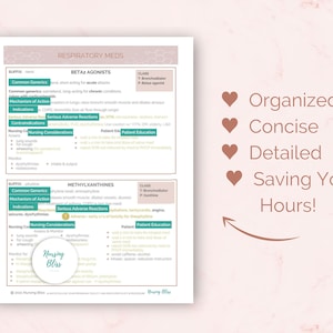 K&ouml;nnte beinhalten: Ein rosa und gr&uuml;ner druckbarer Studienleitfaden f&uuml;r Atemwegsmedikamente. Der Leitfaden enth&auml;lt Informationen &uuml;ber Beta-Agonisten und Methylxanthine, einschlie&szlig;lich g&auml;ngiger Generika, Wirkmechanismus, Indikationen, Kontraindikationen, schwerwiegender Nebenwirkungen, Pflegehinweise und Patientenaufkl&auml;rung. Der Leitfaden ist &uuml;bersichtlich, pr&auml;gnant, detailliert und spart Ihnen Stunden.
