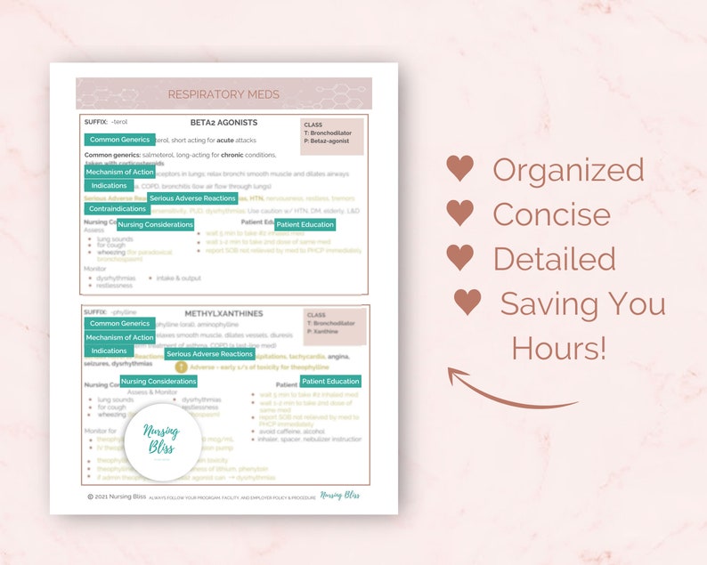 K&ouml;nnte beinhalten: Ein rosa und gr&uuml;ner druckbarer Studienleitfaden f&uuml;r Atemwegsmedikamente. Der Leitfaden enth&auml;lt Informationen &uuml;ber Beta-Agonisten und Methylxanthine, einschlie&szlig;lich g&auml;ngiger Generika, Wirkmechanismus, Indikationen, Kontraindikationen, schwerwiegender Nebenwirkungen, Pflegehinweise und Patientenaufkl&auml;rung. Der Leitfaden ist &uuml;bersichtlich, pr&auml;gnant, detailliert und spart Ihnen Stunden.