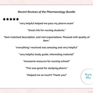 K&ouml;nnte beinhalten: F&uuml;nf Sterne Bewertung f&uuml;r ein Pharmakologie-Paket f&uuml;r angehende Pflegekr&auml;fte. Die Bewertung lautet "Sehr hilfreich, hat mir geholfen, meine Pharmakologie-Pr&uuml;fung zu bestehen". Weitere Bewertungen beinhalten "Tolle Informationen f&uuml;r angehende Pflegekr&auml;fte", "Artikel entsprach der Beschreibung und erf&uuml;llte die Erwartungen. Zufrieden mit der Qualit&auml;t des Artikels", "alles, was ich erhalten habe, war fantastisch und sehr hilfreich", "sehr hilfreicher Studienf&uuml;hrer, interessantes Material!", "Tolle Ressource f&uuml;r die Pflegeschule!", "Das war toll zum Lernen f&uuml;r die Pharmakologie", und "Hat mir sehr geholfen!! Danke!"