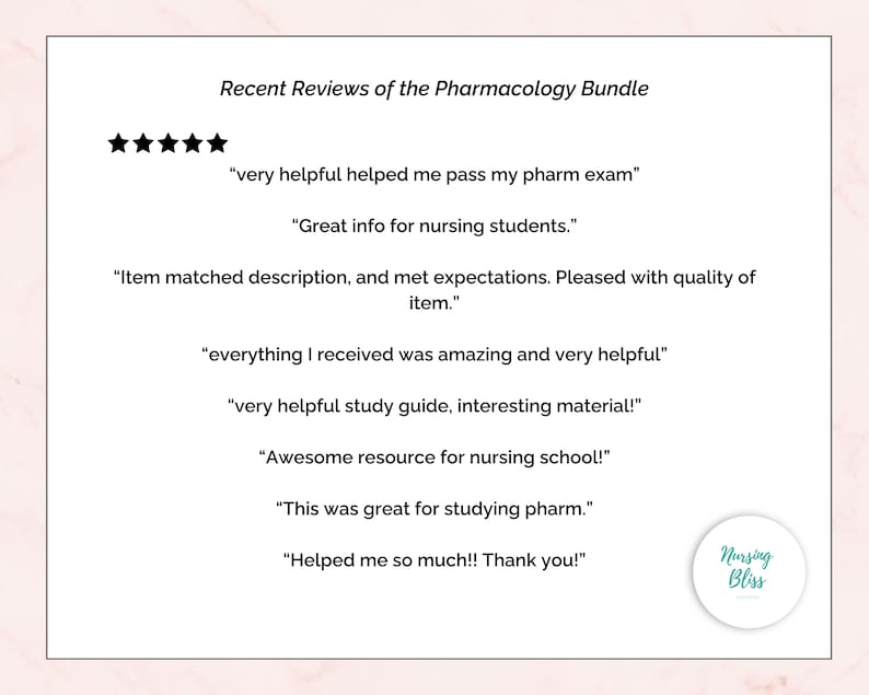K&ouml;nnte beinhalten: F&uuml;nf Sterne Bewertung f&uuml;r ein Pharmakologie-Paket f&uuml;r angehende Pflegekr&auml;fte. Die Bewertung lautet "Sehr hilfreich, hat mir geholfen, meine Pharmakologie-Pr&uuml;fung zu bestehen". Weitere Bewertungen beinhalten "Tolle Informationen f&uuml;r angehende Pflegekr&auml;fte", "Artikel entsprach der Beschreibung und erf&uuml;llte die Erwartungen. Zufrieden mit der Qualit&auml;t des Artikels", "alles, was ich erhalten habe, war fantastisch und sehr hilfreich", "sehr hilfreicher Studienf&uuml;hrer, interessantes Material!", "Tolle Ressource f&uuml;r die Pflegeschule!", "Das war toll zum Lernen f&uuml;r die Pharmakologie", und "Hat mir sehr geholfen!! Danke!"