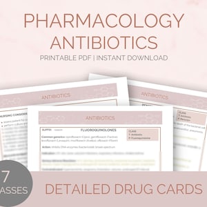 May include: Printable drug cards for 7 classes of antibiotics. The cards are pink and white with a geometric pattern. The text on the cards includes the class, suffix, common generics, action, and nursing considerations. The cards are designed to help students learn about antibiotics.