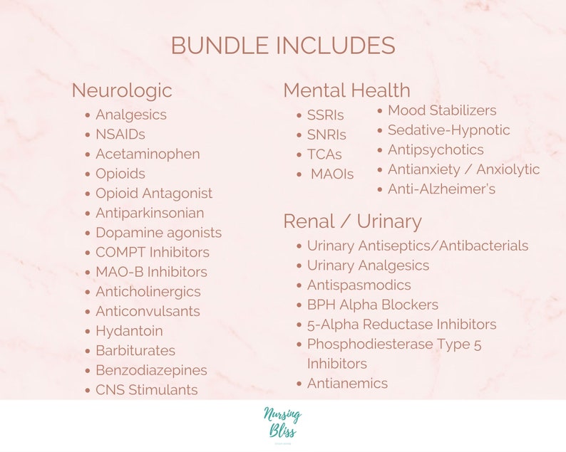 K&ouml;nnte beinhalten: Eine rosa und wei&szlig;e Grafik mit dem Text "BUNDLE INCLUDES" in brauner Schrift. Die Grafik listet verschiedene Kategorien von Medikamenten auf, darunter neurologische, psychische Gesundheit und Nieren-/Harnwege. Jede Kategorie enth&auml;lt eine Liste von Medikamenten mit Aufz&auml;hlungszeichen.