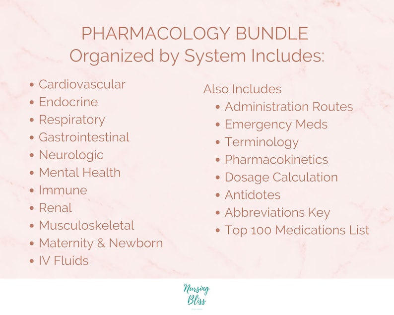 K&ouml;nnte beinhalten: Eine rosa und wei&szlig;e Grafik mit dem Text "PHARMACOLOGY BUNDLE Organized by System Includes:" und einer Liste von K&ouml;rpersystemen und zus&auml;tzlichen Themen im Zusammenhang mit der Pharmakologie. Der Text "Nursing Bliss" befindet sich am unteren Rand der Grafik.
