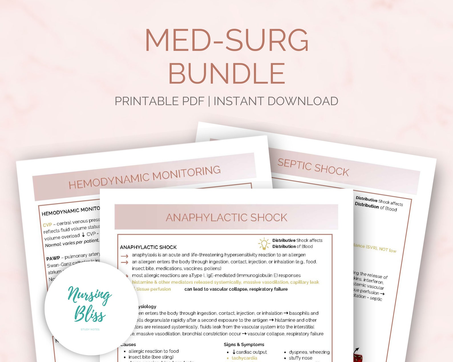 Med Surg Study Guide Bundle Nursing Notes | 280 Pages Ekgs Ecgs, Shock ...