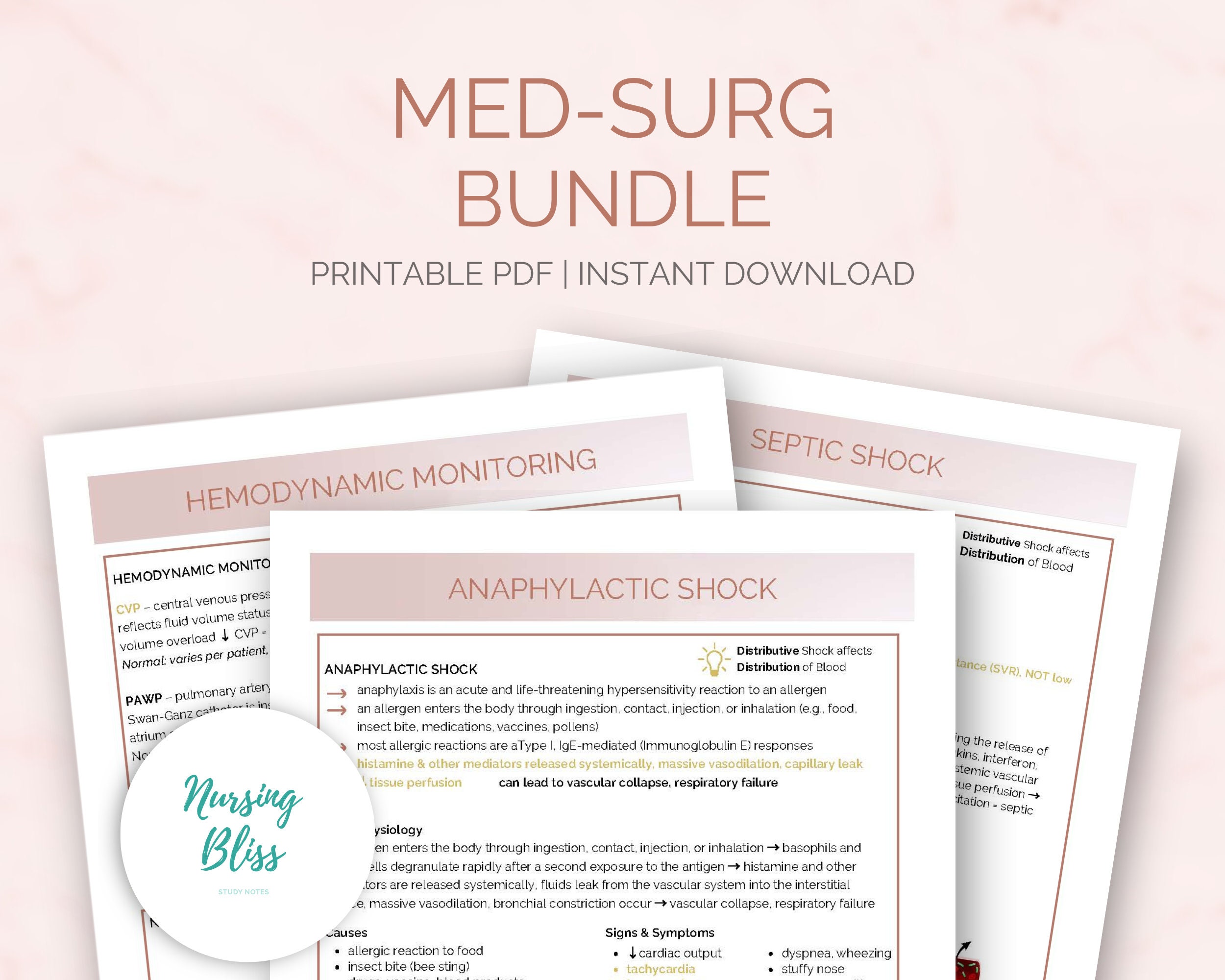 Med Surg Study Guide Bundle Nursing Notes | 280 Pages Ekgs Ecgs, Shock ...