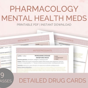 May include: A printable PDF download of 9 drug cards for mental health medications. The cards are organized by class, including antidepressants, antianxiety, and antipsychotics. The cards feature a pink and white background with a geometric pattern.