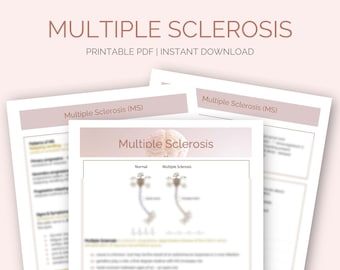 May include: A printable PDF document about Multiple Sclerosis (MS). The document includes a diagram comparing a normal nerve cell to a nerve cell affected by MS. The document also includes text about the symptoms and causes of MS.