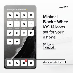 May include: A mockup of an iPhone screen with a set of 54 black and white iOS 14 icons. The icons are arranged in a grid pattern and include popular apps such as Camera, Clock, Calendar, Calculator, LinkedIn, Facebook, Instagram, TikTok, Spotify, Netflix, Podcast, Safari, YouTube, Tinder, and more. The text "Minimal Black + White iOS 14 icons set for your iPhone 54 icons included" is displayed on the right side of the image.