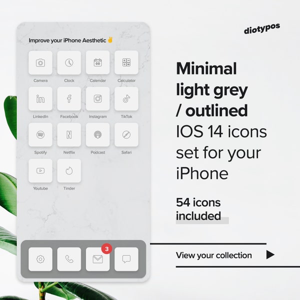 Minimal - Light - Grey - Outlined - Aesthetic IOS 14 App Icons for iPhone Screen - 54 pack / collection - digital custom social media icons