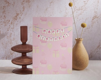 Tarjeta de felicitación de feliz cumpleaños con descarga digital en color rosa