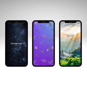 May include: Three smartphones displaying distinct digital wallpapers. The left screen shows a dark starry galaxy with the text "We are all made of stardust". The centre screen features a purple gradient with floral and leaf patterns. The right screen displays a mountain landscape with sunbeams and the text "Go confidently in the direction of your DREAMS".