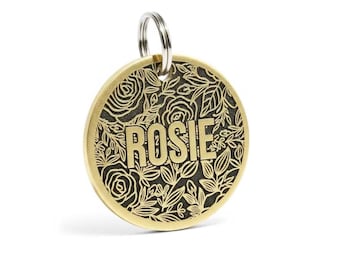 Engraved Brass Pet ID Tag, Rose Flower Design, Custom Dog Cat Collar Tag