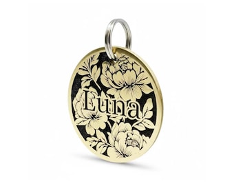 Engraved Brass Pet ID Tag, Peony Flower Design, Custom Cat & Dog Collar Tag
