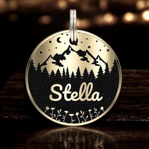 Engraved Brass Dog Tag, Cooper Cat Name Tag, Personalized Pet ID Tag for Collar, Custom Dog & Cat ID Tags, Dog gift, Midnight Forest Tag