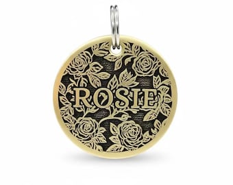 Engraved Brass Pet ID Tag, Rose Flower Design, Personalized Cat and Dog Collar Tag