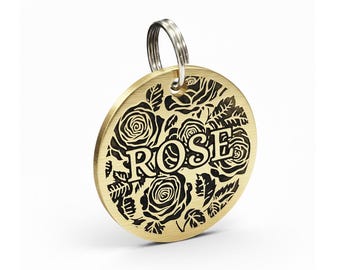 Engraved Brass Pet ID Tag, Custom Dog & Cat Collar Tag, Rose Flower