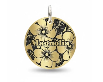 Engraved Brass Pet ID Tag, Magnolia Flower, Custom Dog Cat Collar