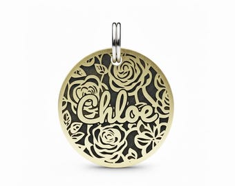 Engraved Brass Pet ID Tag, Rose Flower Design, Custom Dog Cat Collar