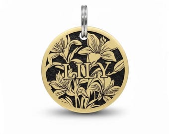 Engraved Brass Pet ID Tag, Lily Flower, Personalized Dog Cat Collar