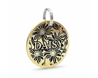 Engraved Brass Pet ID Tag, Daisy Flower Design, Custom Dog Cat Collar