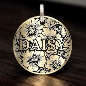 Médaille pour chien en laiton gravé, Médaille d'identification pour chat Cooper, Médaille d'identification personnalisée pour animal de compagnie pour collier, Médailles d'identification personnalisées pour chien et chat, Cadeau pour chien, Médaille pour chien fleur