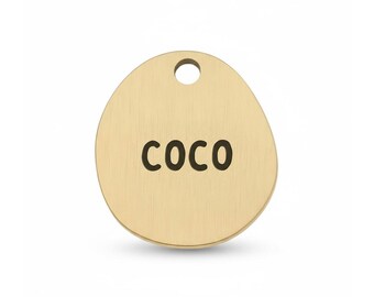 Peut inclure: Une médaille dorée pour animaux de compagnie avec le nom "COCO" en noir, centré sur la médaille. La médaille a une forme lisse en forme de galet avec un trou en haut pour l'attache. Le fond est blanc.