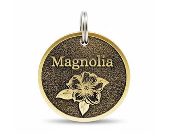 Engraved Brass Pet ID Tag, Magnolia Flower, Custom Dog Cat Collar Tag