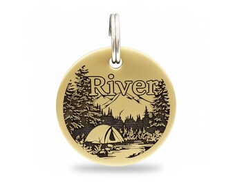 Engraved Brass Pet ID Tag, Camping Design, Personalized Dog & Cat Collar Tag