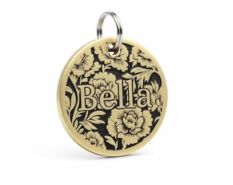 Engraved Brass Pet ID Tag, Penoy Floral Tag, Custom Dog Cat Collar
