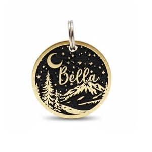 Gravierte Messing Haustier Marke, Wald Nachthimmel, Benutzerdefinierte Katzen und Hundehalsband Tag