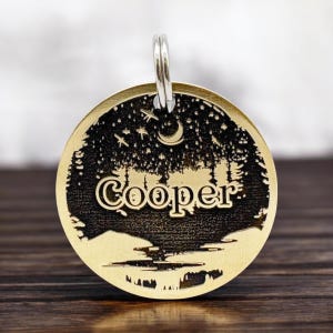 Engraved Brass Dog Tag, Cooper Cat Name Tag, Deep Engraved Personalized Pet ID Tag for Collar, Custom Dog Cat ID Tags, Night Sky Forest Tag