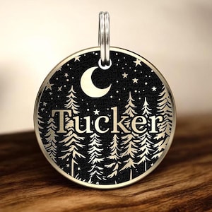 Engraved Brass Dog Tag, Cooper Cat Name Tag, Personalized Pet ID Tag for Collar, Custom Dog & Cat ID Tags, Dog gift, Midnight Forest Tag