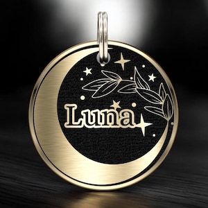 Engraved Brass Dog Tag, Cooper Cat Name Tag, Personalized Pet ID Tag for Collar, Custom Dog & Cat ID Tags, Dog gift, Moon Leaves Tag
