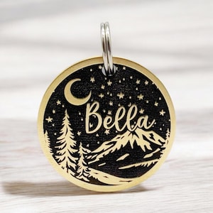 Engraved Brass Dog Tag, Cooper Cat Name Tag, Personalized Pet ID Tag for Collar, Custom Dog & Cat ID Tags, Dog gift, Forest Night Sky Tag