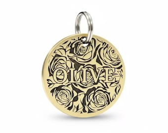 Engraved Brass Pet ID Tag, Rose Flower Design, Custom Dog Cat Collar Tag