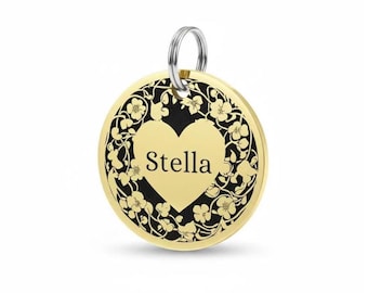 Placa de identificación para mascotas de latón grabado, corazón de flores, collar personalizado para perros y gatos