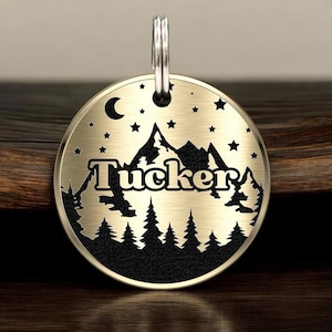 Engraved Brass Dog Tag, Cooper Cat Name Tag, Personalized Pet ID Tag for Collar, Custom Dog & Cat ID Tags, Dog gift, Midnight Forest Tag