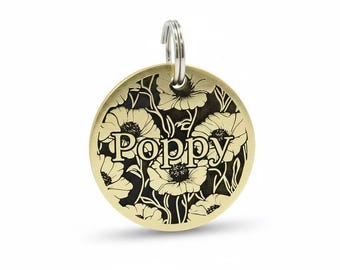 Engraved Brass Pet ID Tag, Poppy Flower, Custom Dog Cat Collar Tag