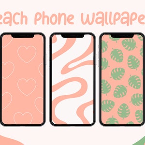 Può includere: Tre smartphone con sfondi color pesca. Il primo presenta cuori bianchi, il secondo linee astratte bianche e il terzo foglie di monstera verdi. Il testo "Peach Phone Wallpapers" è in alto.