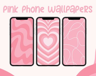 May include: Three pink phone wallpapers with different designs. The first wallpaper has a pink and white swirl pattern. The second wallpaper has a pink and white heart pattern. The third wallpaper has a pink background with white lines.