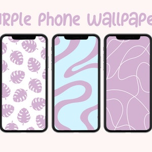 May include: Three phone mockups displaying different purple phone wallpapers. The first wallpaper features a pattern of purple monstera leaves on a white background. The second wallpaper features a pattern of purple and blue wavy lines. The third wallpaper features a pattern of white lines on a purple background.