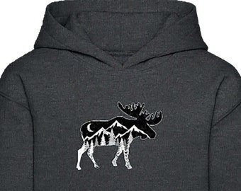 Moose Mountains and Trees Youth Hoodie, sudadera de alce juvenil, sudadera con capucha de alce para niño, sudadera con capucha amante de los alces, regalo para la caza, regalo para cazador