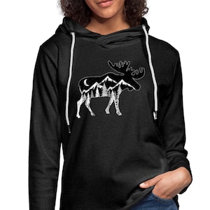 Moose and mountains lightweight hoodie, moose gift, mountain hoodie, nature gift, mountain lover gift, moose hoodie, moose lover gift