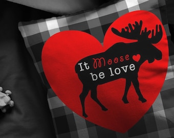 Funda de almohada "It Moose Be Love", funda de almohada de alce, almohada de alce para San Valentín, almohada de vida silvestre, habitación infantil con temática de bosque, almohada para cabaña de San Valentín