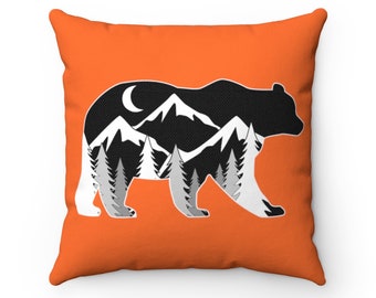 Bear, Mountains and Trees Pillow Case Orange, bear pillow, bear gift, gift for bear lover, wildlife pillow, nature lover gift, cabin pillow