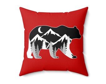 Funda de almohada con diseño de oso rojo, montañas y árboles, decoración para habitación infantil con temática de bosque