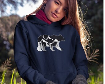 Sudadera con capucha de mujer Bear and Mountain, sudadera con capucha de oso, sudadera con capucha de montaña, sudadera con capucha de árbol, regalo de amante de los osos, sudadera de montaña de osos, sudadera de Colorado
