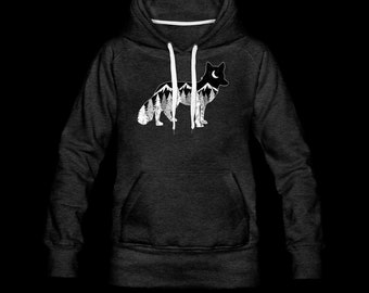 Fox Mountains Trees Women’s Hoodie, woman's fox hoodie, gift for fox lover, mountain hoodie, Colorado sweatshirt woman, wildlife hoodie
