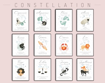 Op de afbeelding: Een set van twaalf aquarel illustraties van de sterrenbeelden. Elk sterrenbeeld wordt afgebeeld met zijn bijbehorende sterrenbeeld en een korte beschrijving van zijn persoonlijkheidstrekken. De sterrenbeelden zijn: Steenbok, Waterman, Vissen, Ram, Stier, Tweelingen, Kreeft, Leeuw, Maagd, Weegschaal, Schorpioen en Boogschutter.