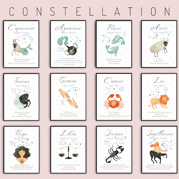 A Set of 12 Constellation Zodiac Sign Prints with Personality Traits-  Watercolor - Printable Wall Art - Home Decor